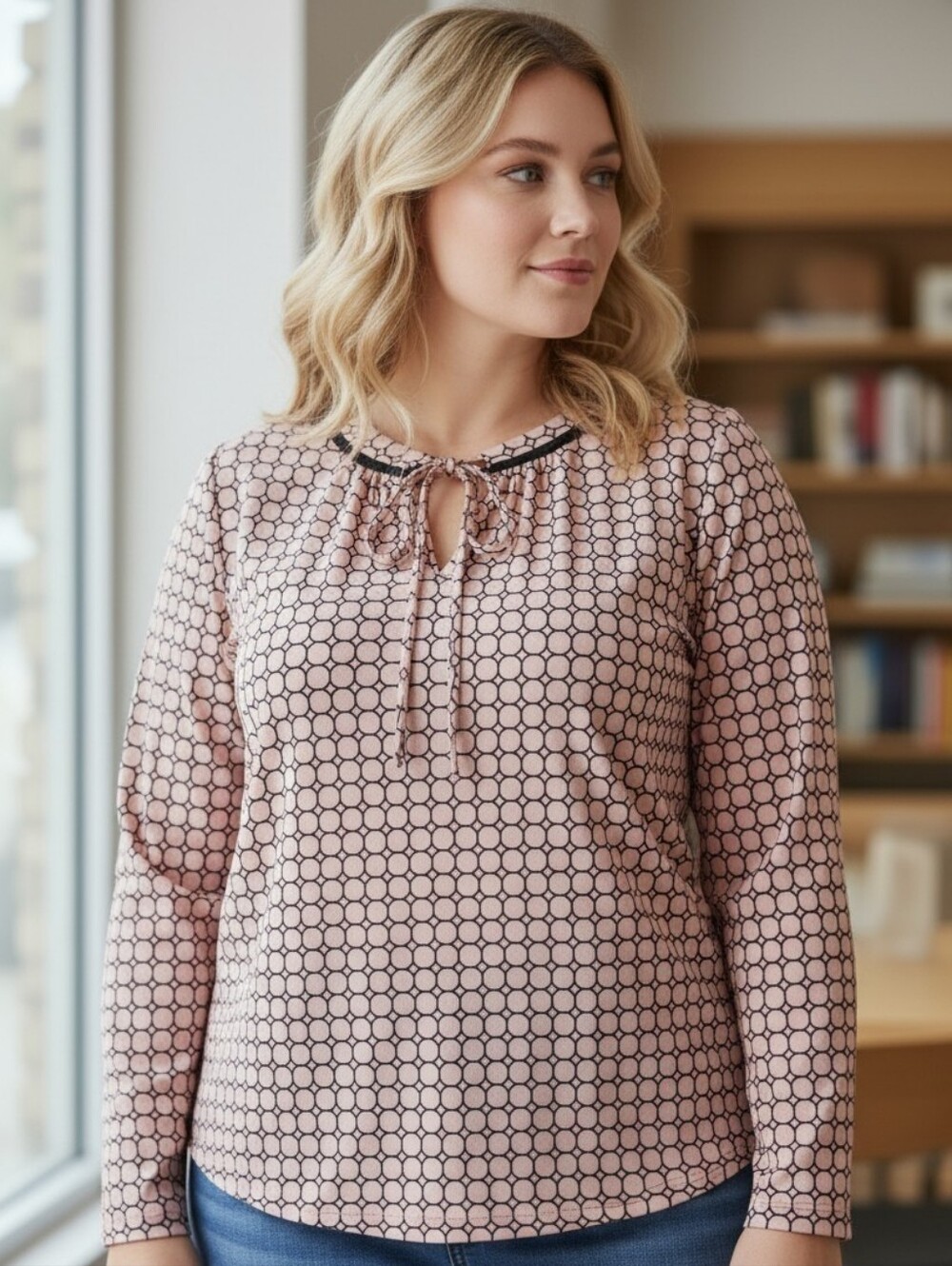 Liz Claiborne Top Geometric Tie-Neck Long Sleeve 1X Pink